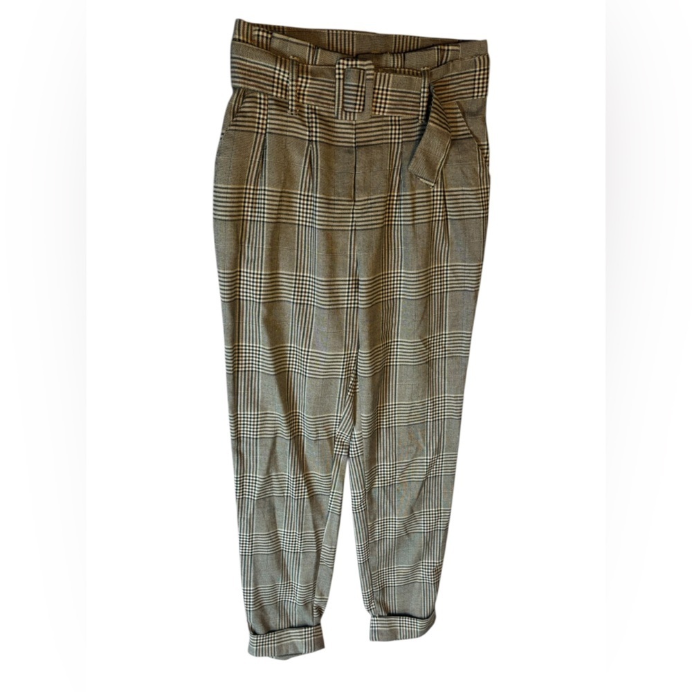 Wild Fable Brown Plaid Paper Bag Pleated Cuffed Trousers with Belt Size 2